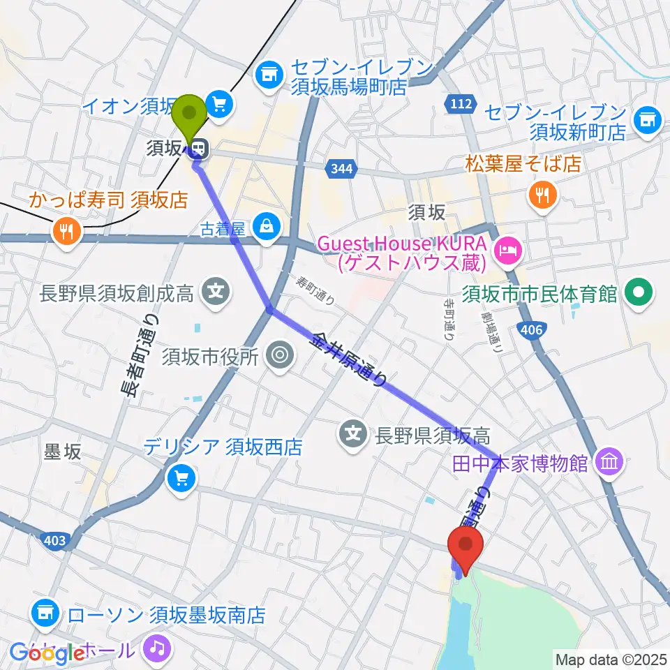 須坂市立博物館の最寄駅須坂駅からの徒歩ルート（約23分）地図