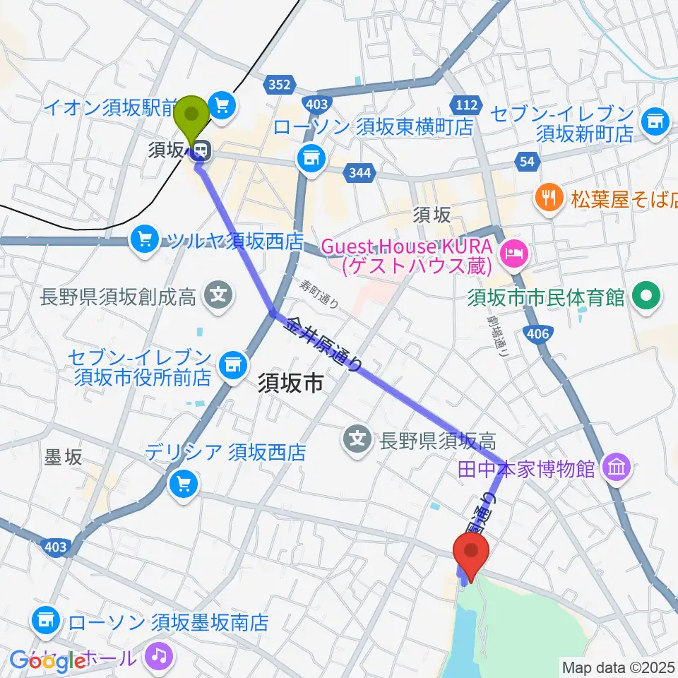 須坂市立博物館の最寄駅須坂駅からの徒歩ルート（約23分）地図