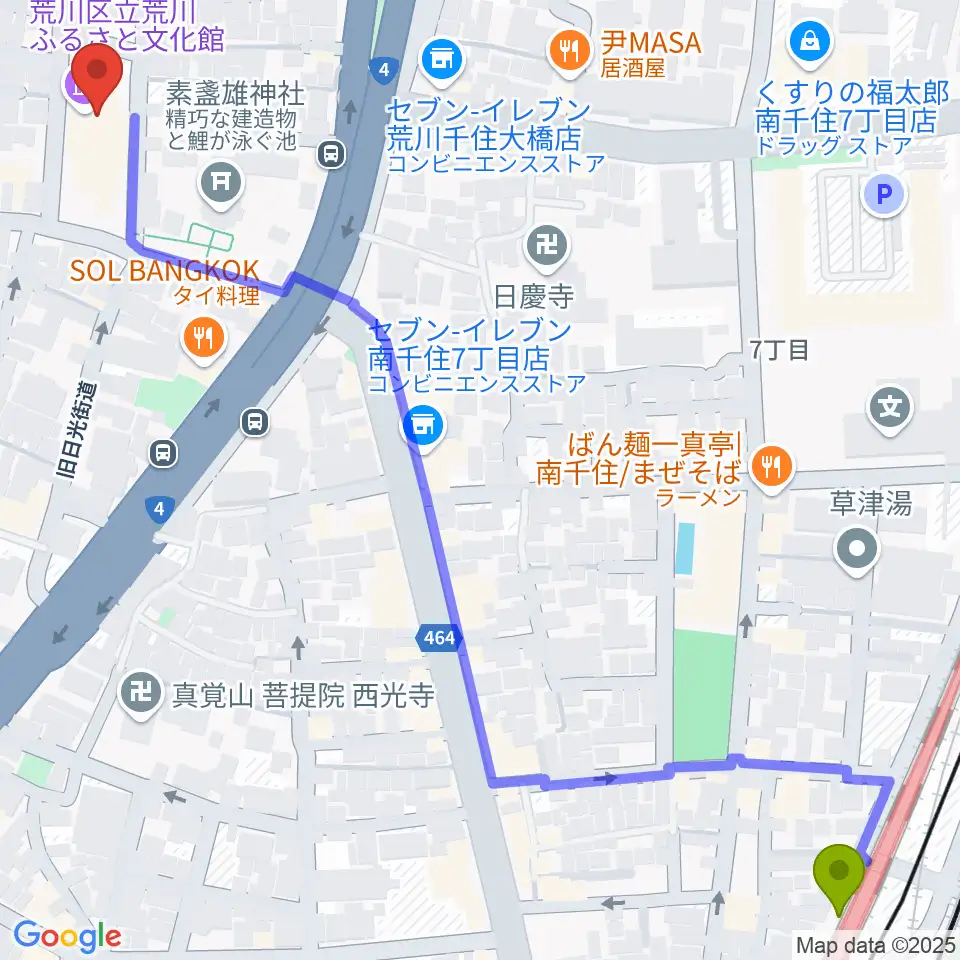 荒川ふるさと文化館の最寄駅南千住駅からの徒歩ルート（約9分）地図