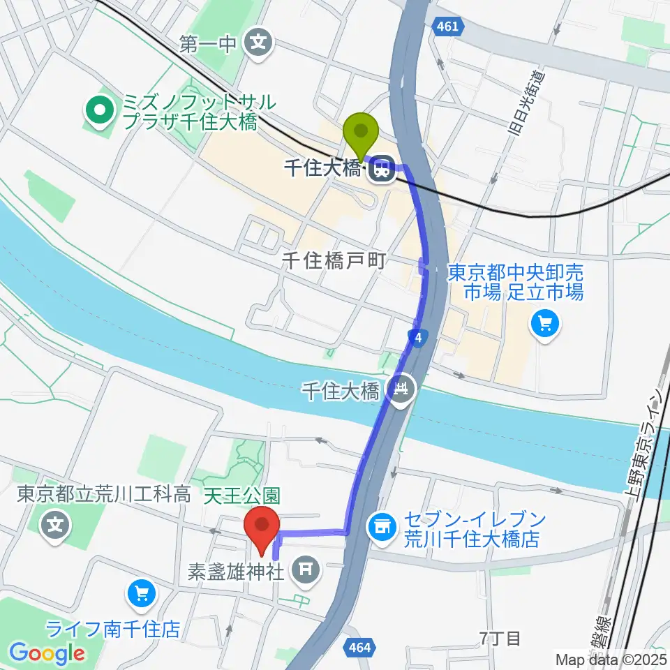 千住大橋駅から荒川ふるさと文化館へのルートマップ地図