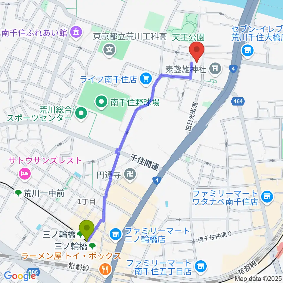 三ノ輪橋駅から荒川ふるさと文化館へのルートマップ地図