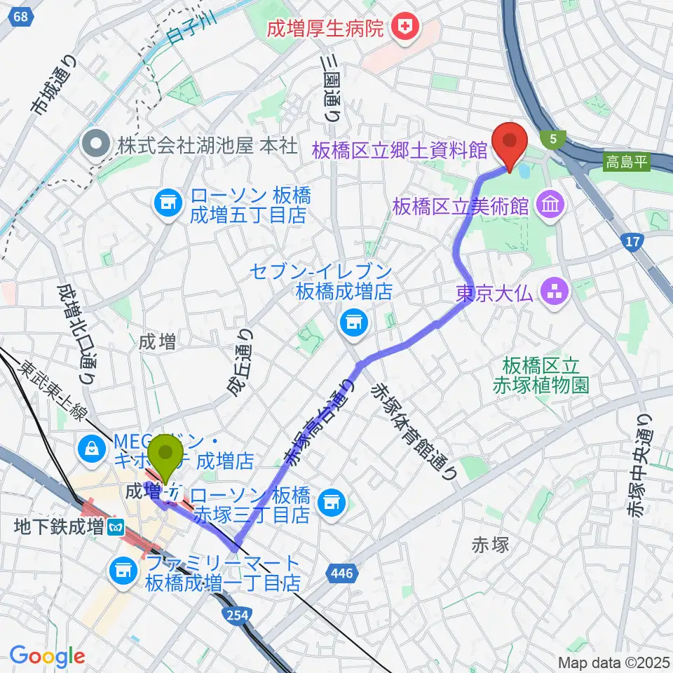 成増駅から板橋区立郷土資料館へのルートマップ地図