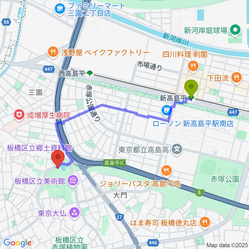 新高島平駅から板橋区立郷土資料館へのルートマップ地図