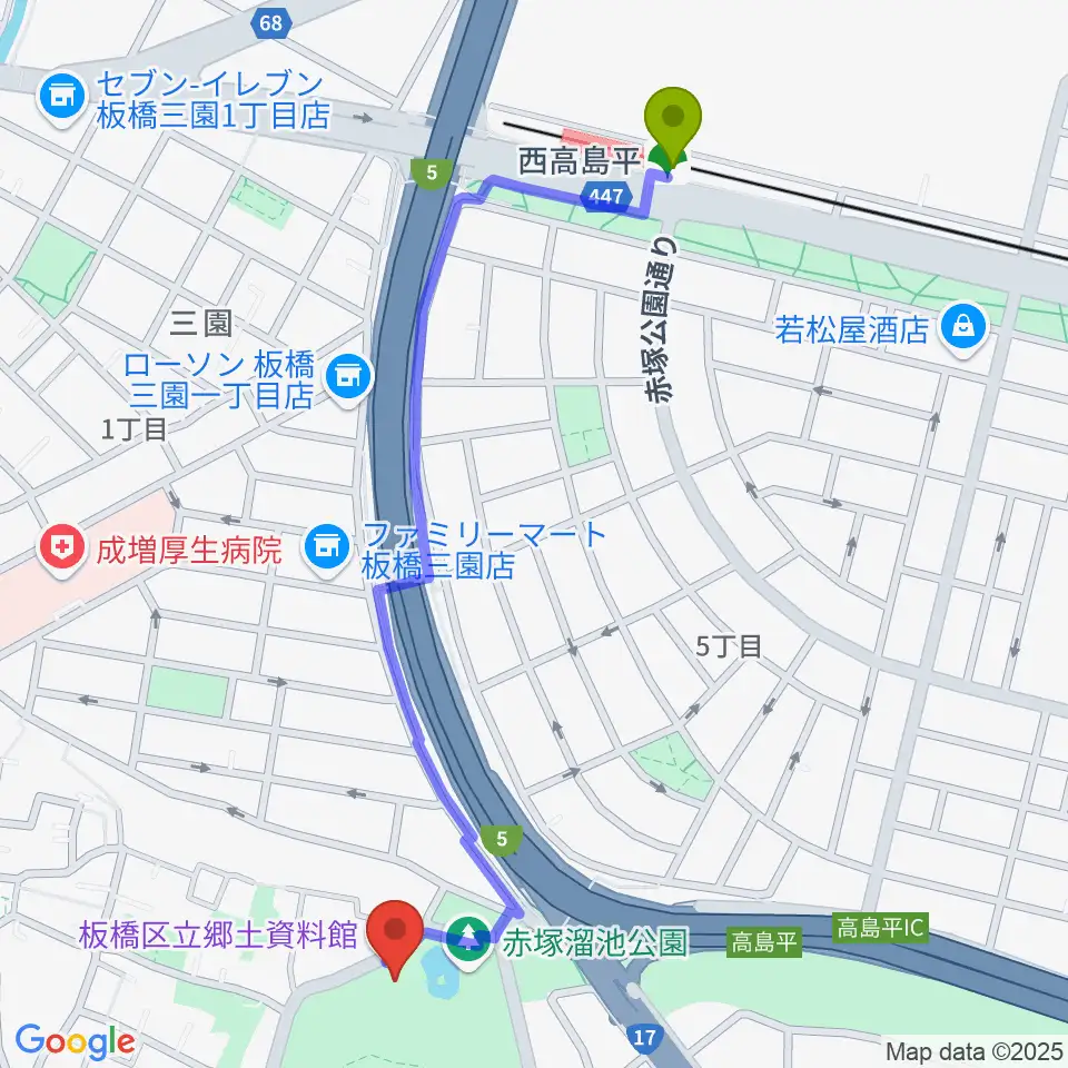 板橋区立郷土資料館の最寄駅西高島平駅からの徒歩ルート（約12分）地図