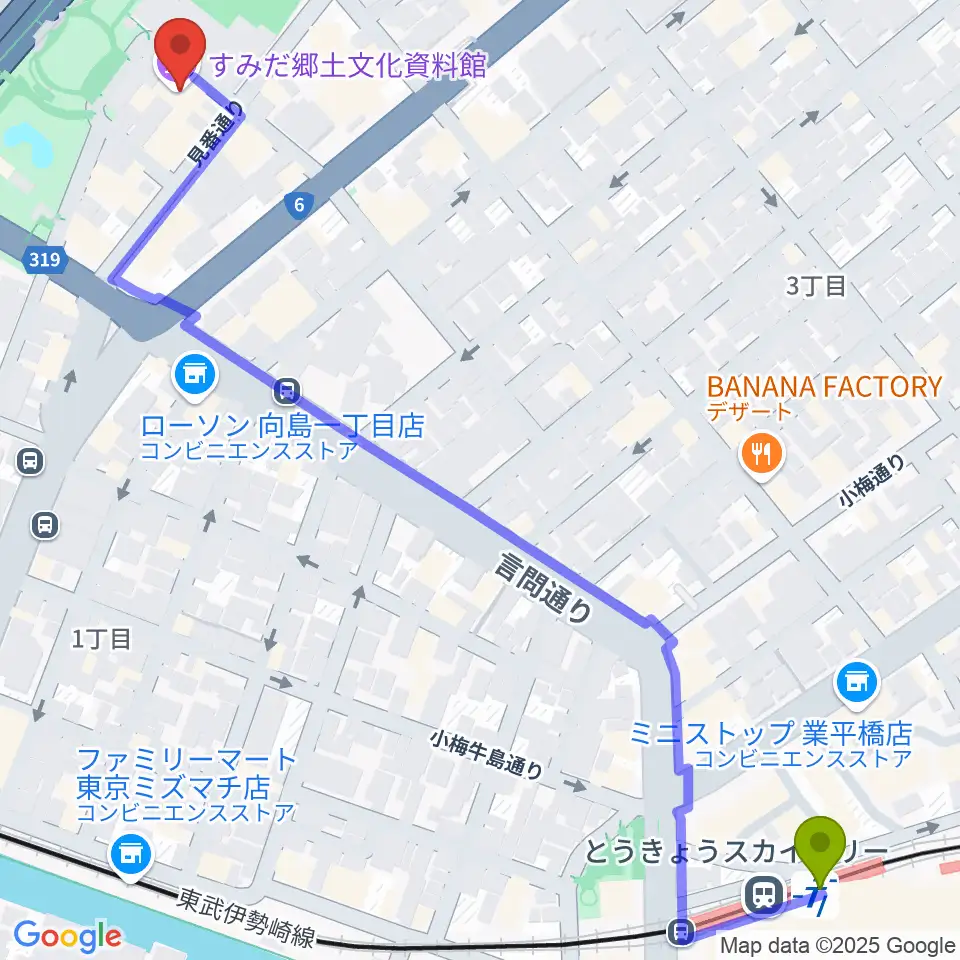 すみだ郷土文化資料館の最寄駅とうきょうスカイツリー駅からの徒歩ルート（約8分）地図
