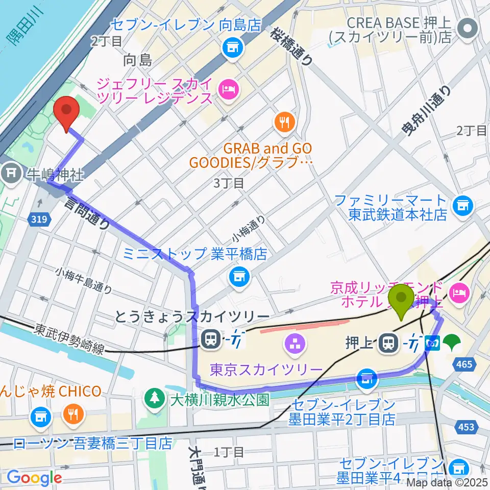 押上〈スカイツリー前〉駅からすみだ郷土文化資料館へのルートマップ地図