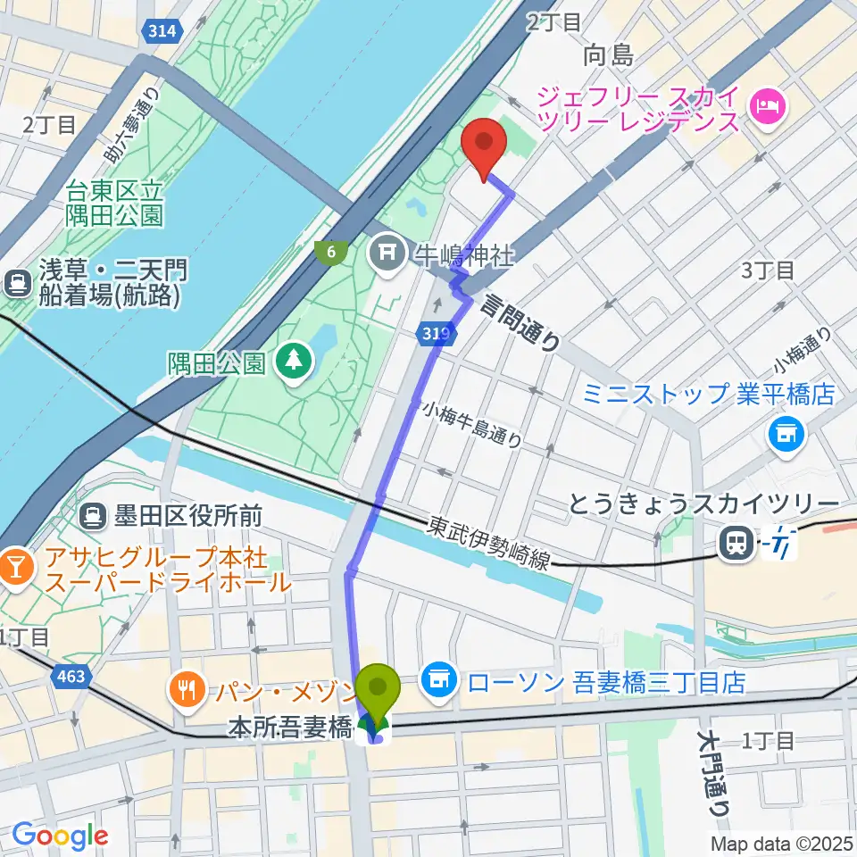 本所吾妻橋駅からすみだ郷土文化資料館へのルートマップ地図