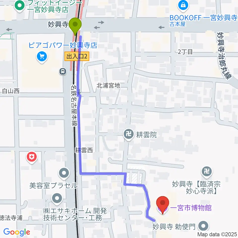 一宮市博物館の最寄駅妙興寺駅からの徒歩ルート（約6分）地図