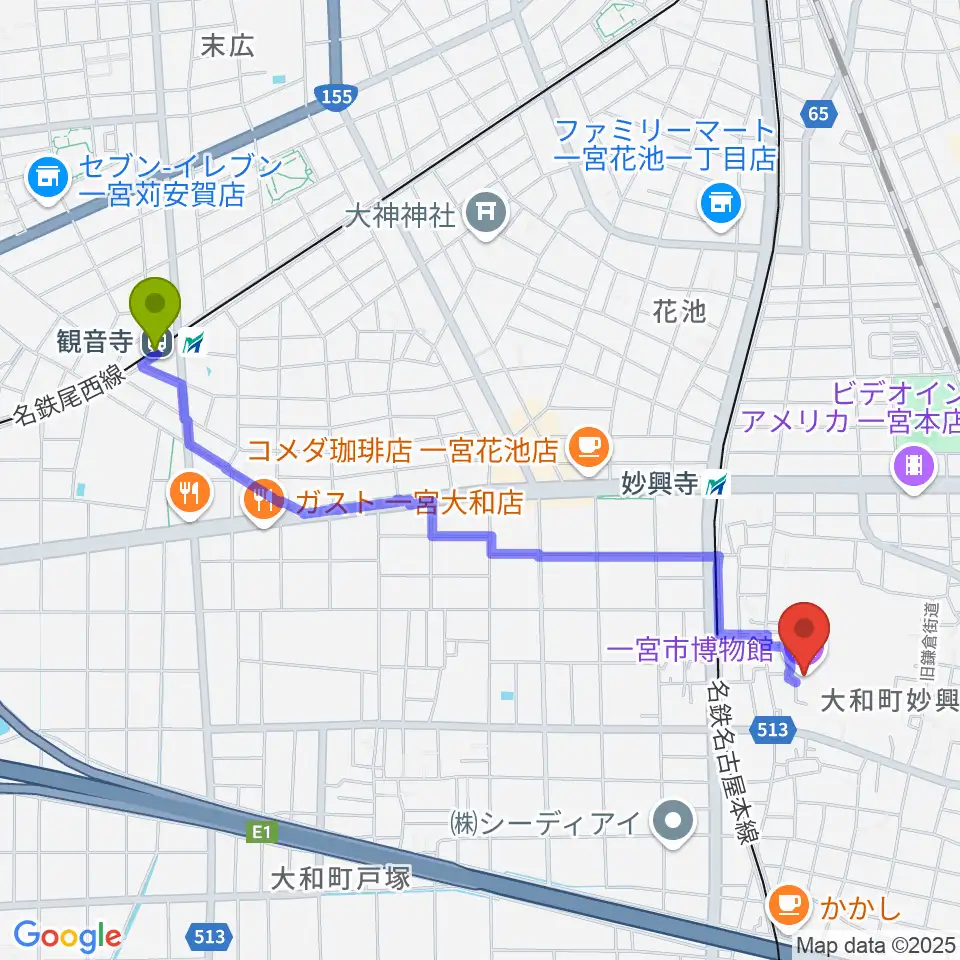 観音寺駅から一宮市博物館へのルートマップ地図