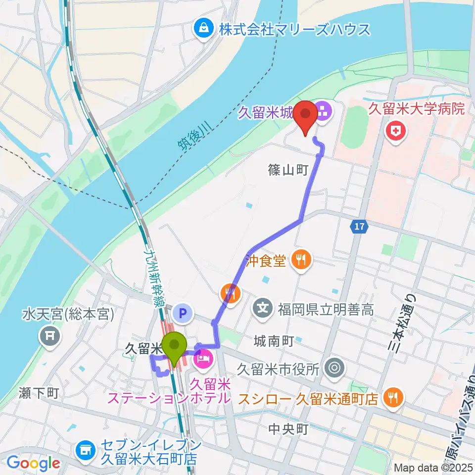 有馬記念館の最寄駅久留米駅からの徒歩ルート（約18分）地図