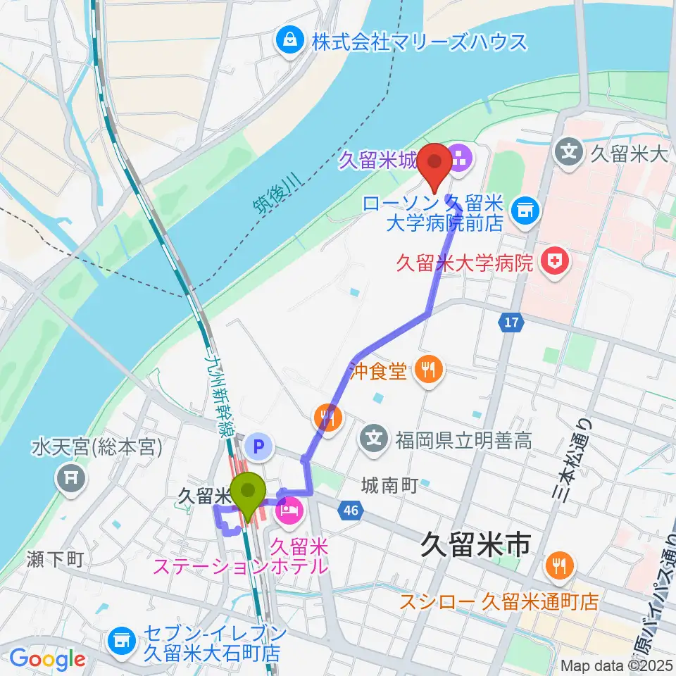 有馬記念館の最寄駅久留米駅からの徒歩ルート（約18分）地図
