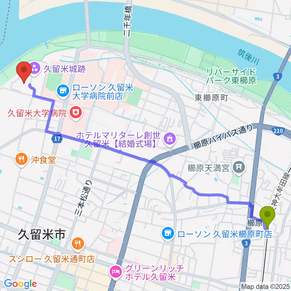 櫛原駅から有馬記念館へのルートマップ地図