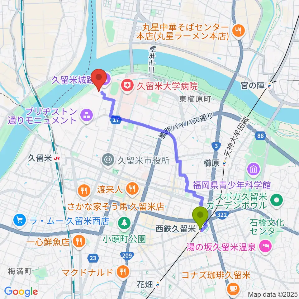 西鉄久留米駅から有馬記念館へのルートマップ地図