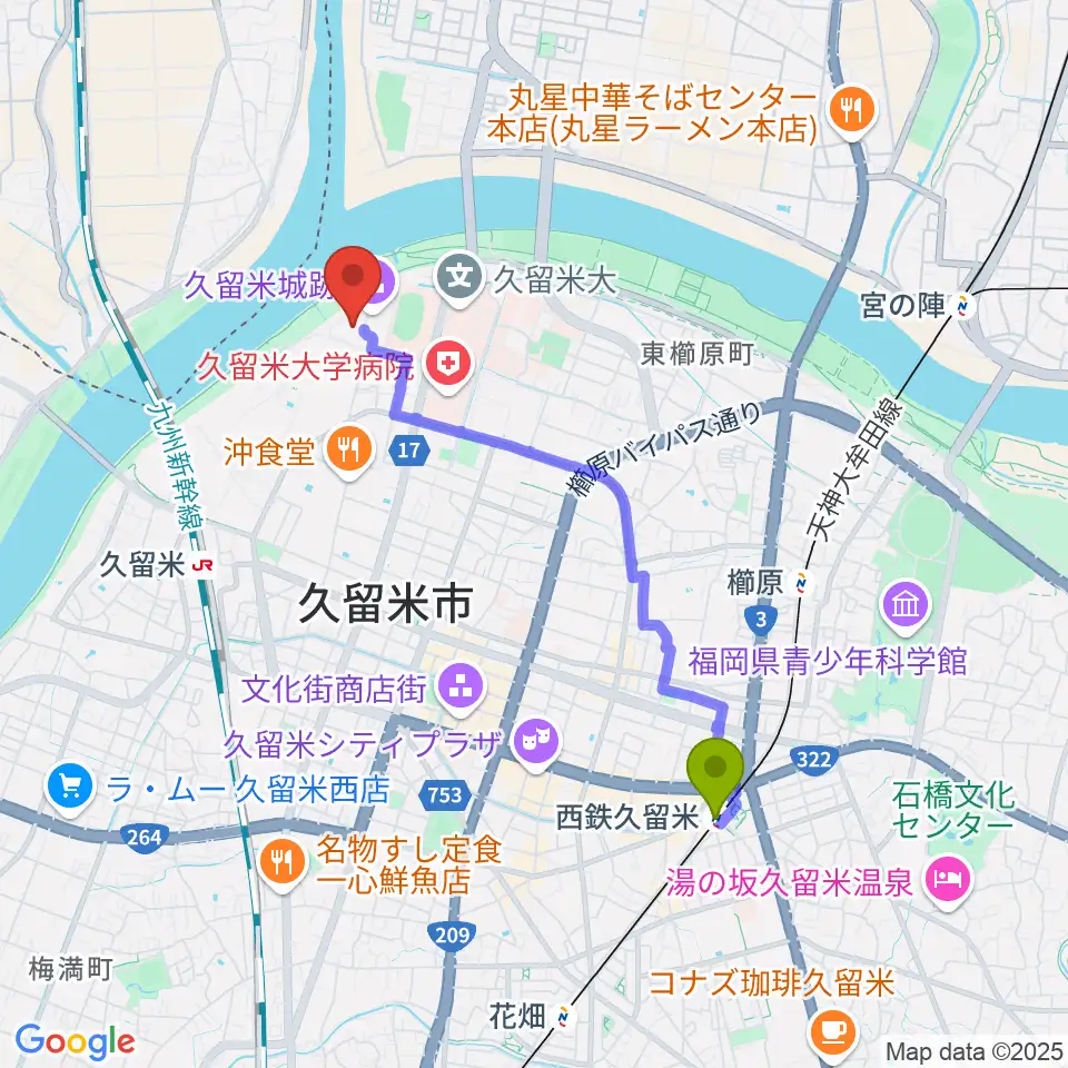 西鉄久留米駅から有馬記念館へのルートマップ地図