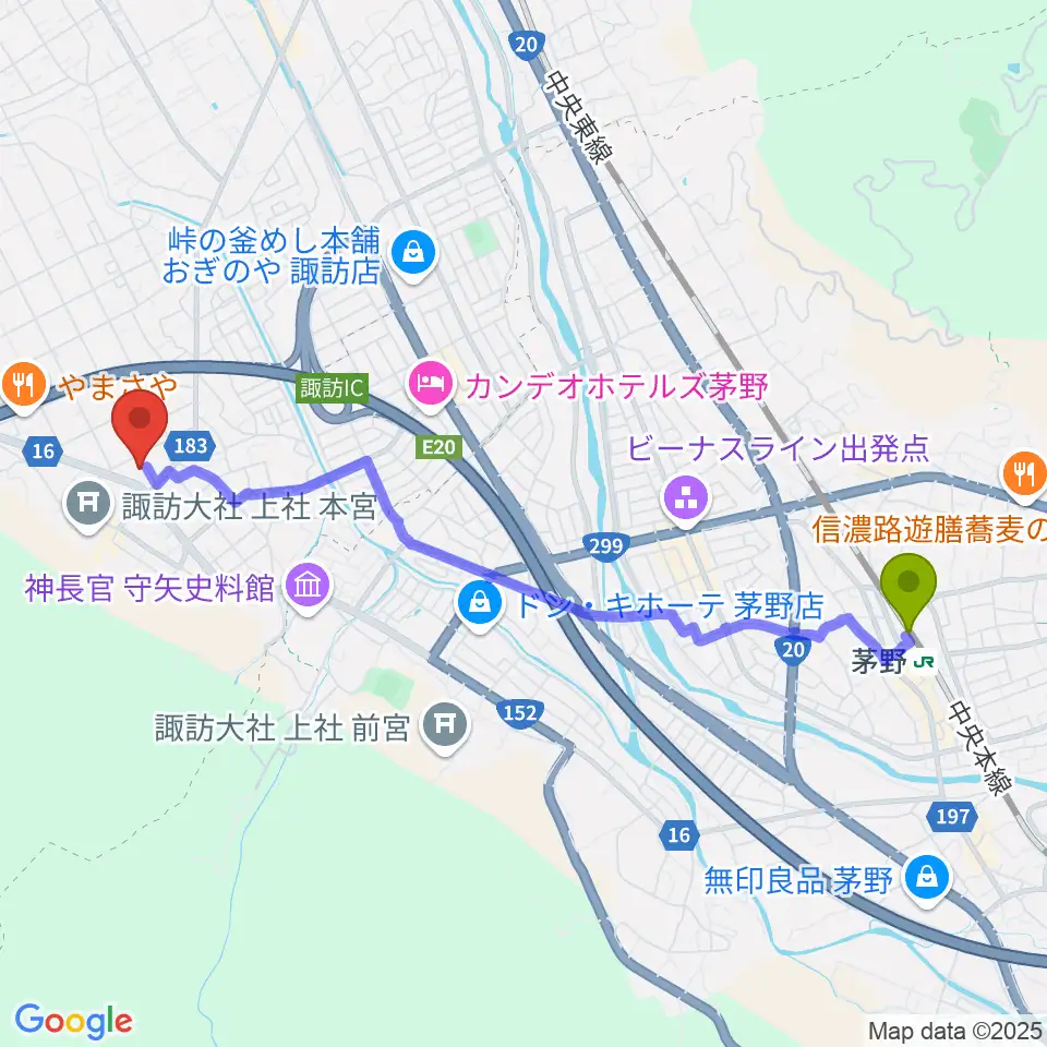 諏訪市博物館の最寄駅茅野駅からの徒歩ルート（約46分）地図