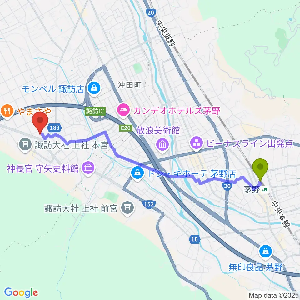 諏訪市博物館の最寄駅茅野駅からの徒歩ルート（約46分）地図