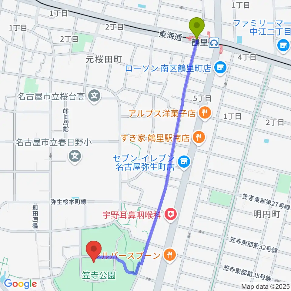 鶴里駅から名古屋市見晴台考古資料館へのルートマップ地図