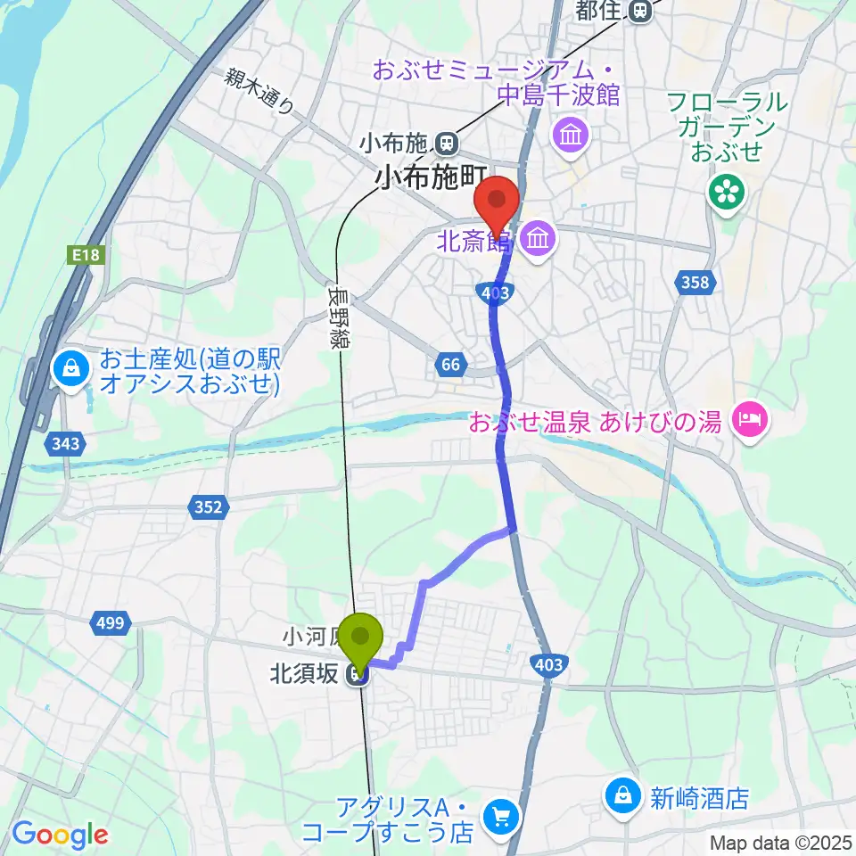 北須坂駅から日本のあかり博物館へのルートマップ地図