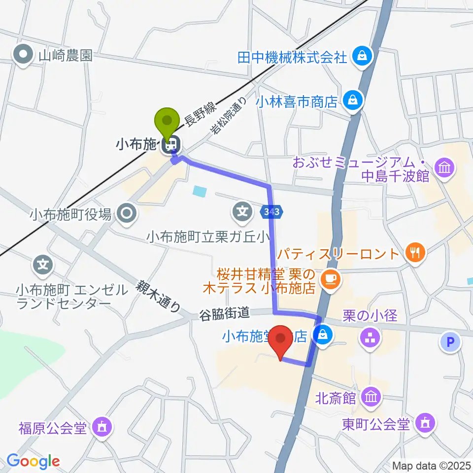 日本のあかり博物館の最寄駅小布施駅からの徒歩ルート（約8分）地図