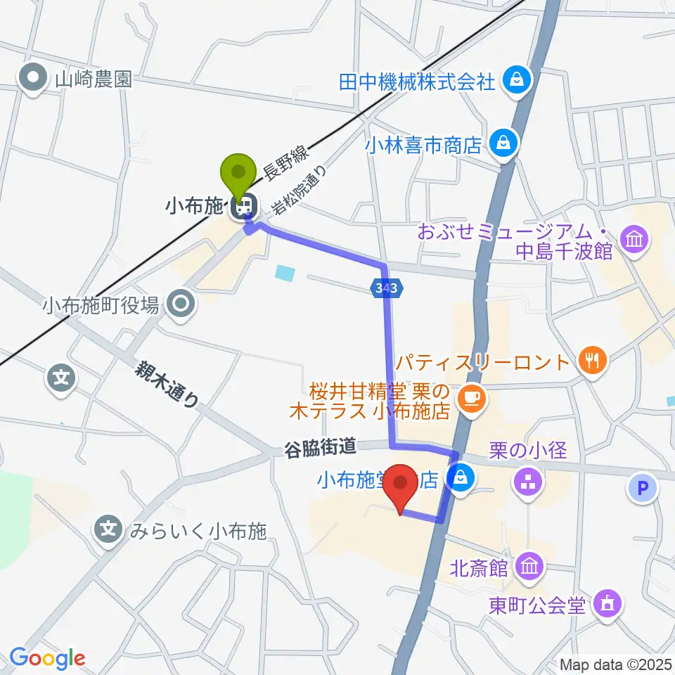 日本のあかり博物館の最寄駅小布施駅からの徒歩ルート（約8分）地図