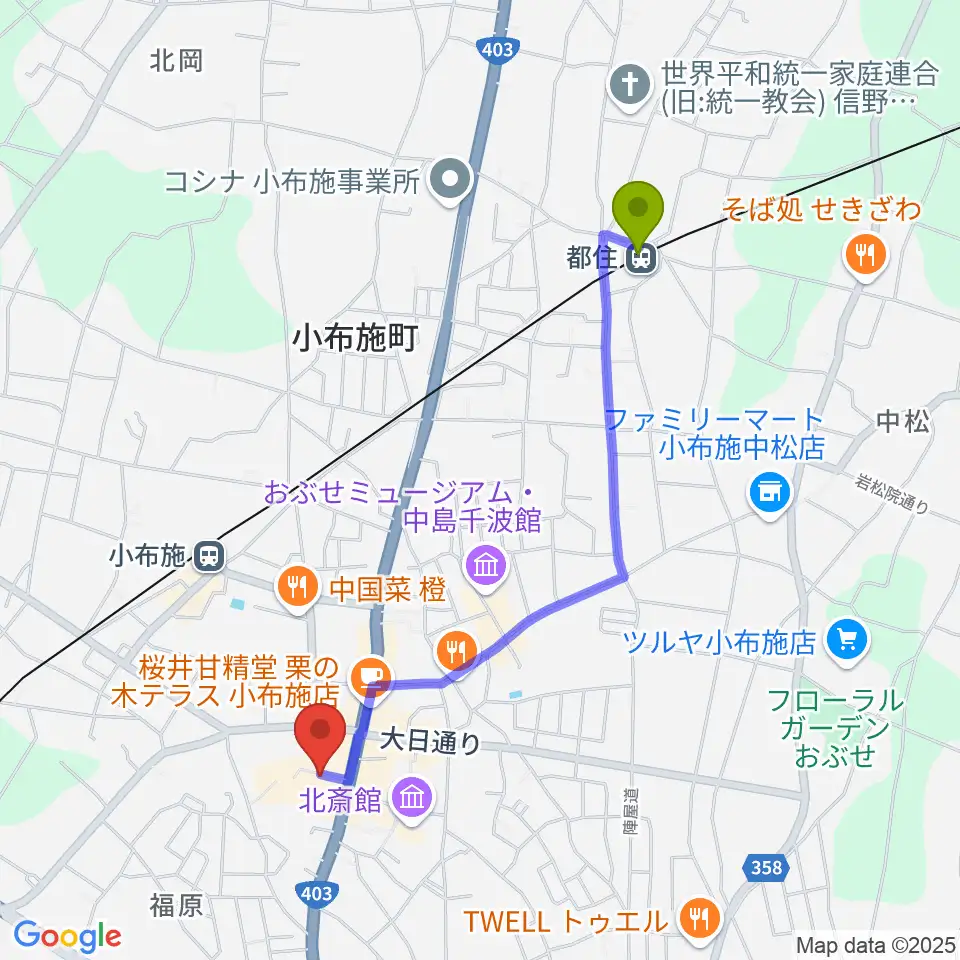 都住駅から日本のあかり博物館へのルートマップ地図