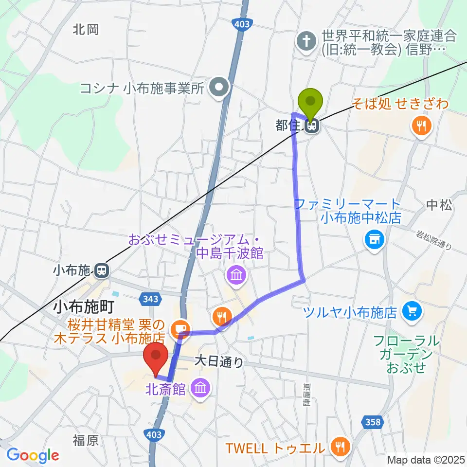 都住駅から日本のあかり博物館へのルートマップ地図