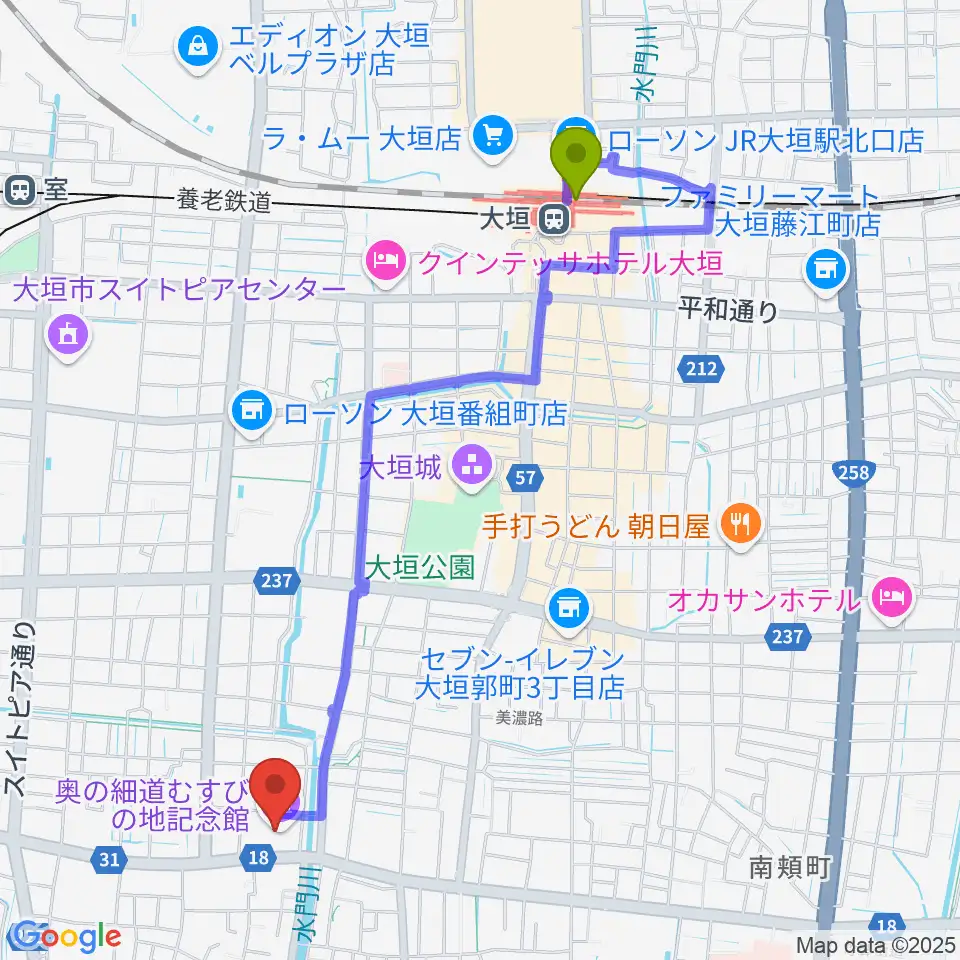 大垣駅から大垣市奥の細道むすびの地記念館へのルートマップ地図