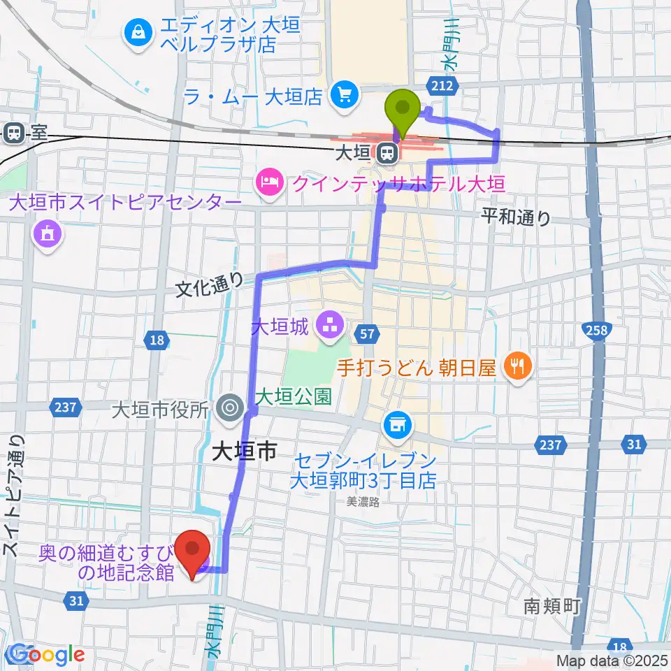 大垣駅から大垣市奥の細道むすびの地記念館へのルートマップ地図