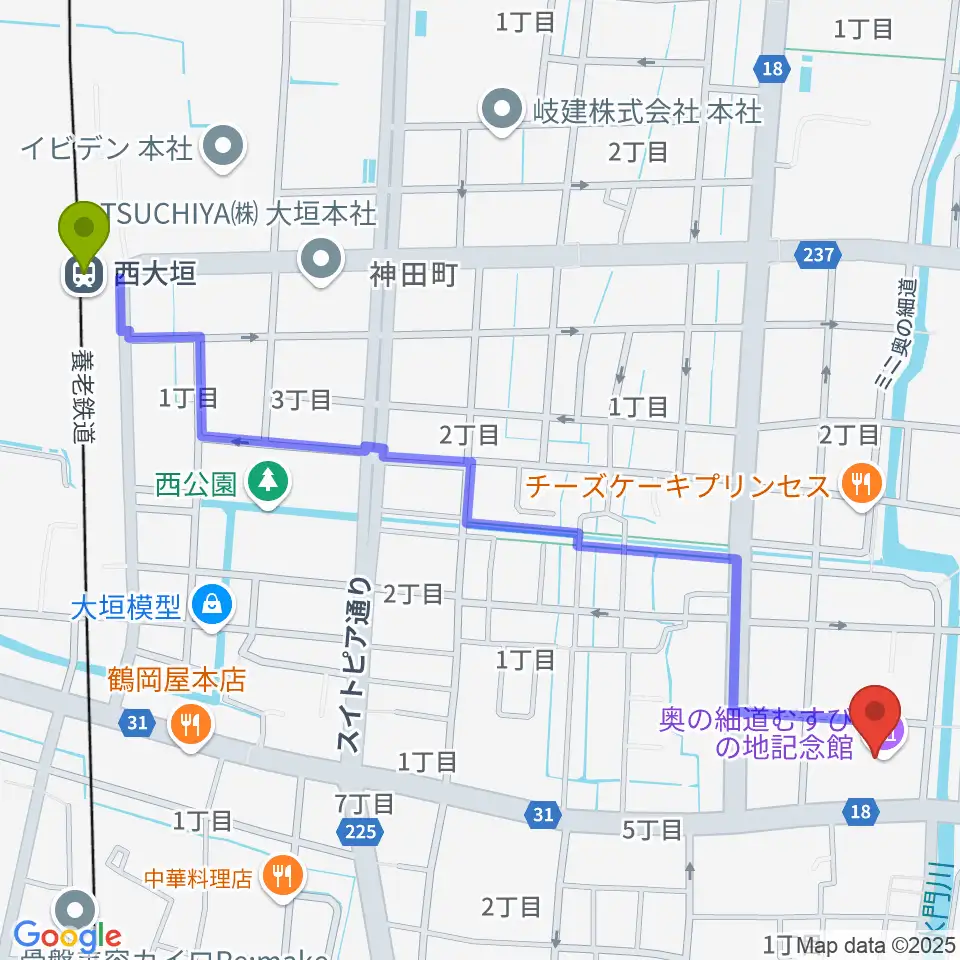 大垣市奥の細道むすびの地記念館の最寄駅西大垣駅からの徒歩ルート（約15分）地図