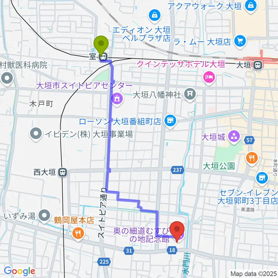 室駅から大垣市奥の細道むすびの地記念館へのルートマップ地図