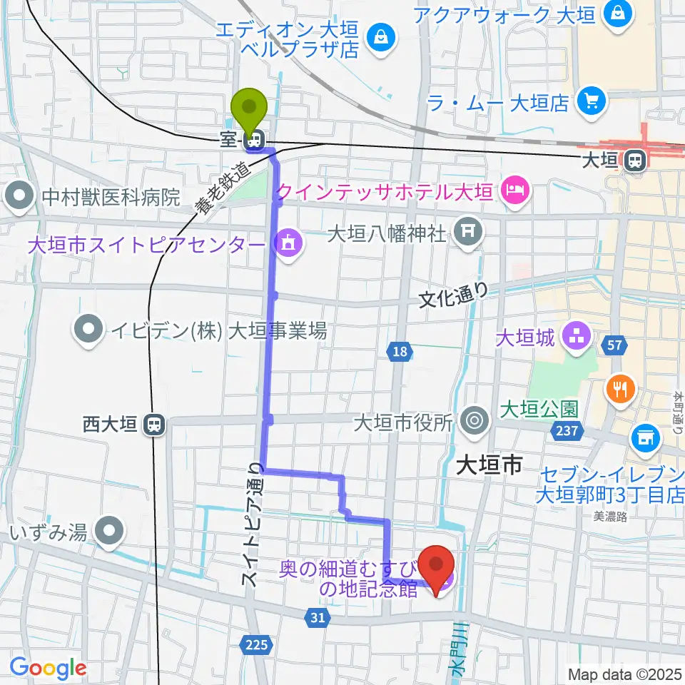 室駅から大垣市奥の細道むすびの地記念館へのルートマップ地図