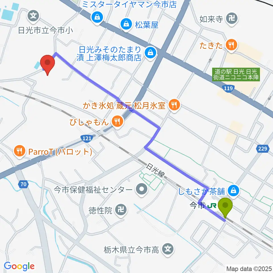 今市駅から日光市歴史民俗資料館・二宮尊徳記念館へのルートマップ地図