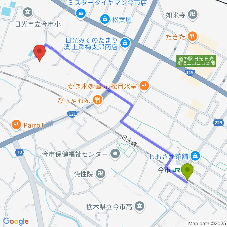 今市駅から日光市歴史民俗資料館・二宮尊徳記念館へのルートマップ地図