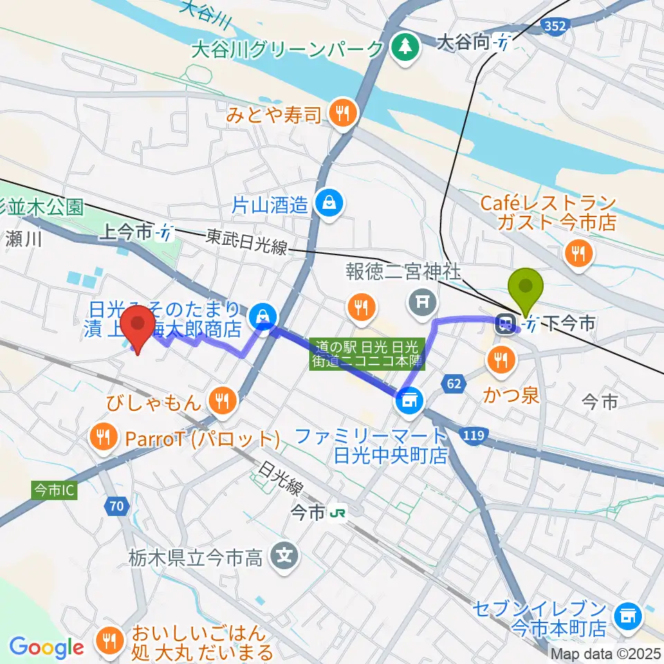 下今市駅から日光市歴史民俗資料館・二宮尊徳記念館へのルートマップ地図