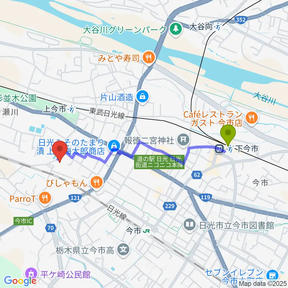 下今市駅から日光市歴史民俗資料館・二宮尊徳記念館へのルートマップ地図