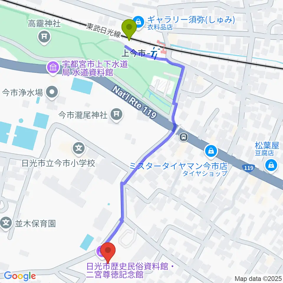 日光市歴史民俗資料館・二宮尊徳記念館の最寄駅上今市駅からの徒歩ルート（約6分）地図