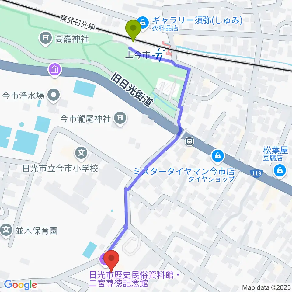 日光市歴史民俗資料館・二宮尊徳記念館の最寄駅上今市駅からの徒歩ルート（約6分）地図