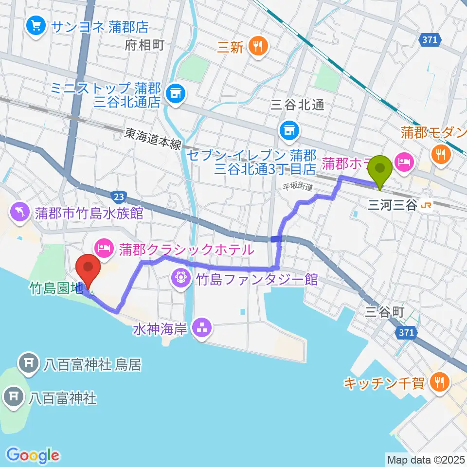 三河三谷駅から海辺の文学記念館へのルートマップ地図