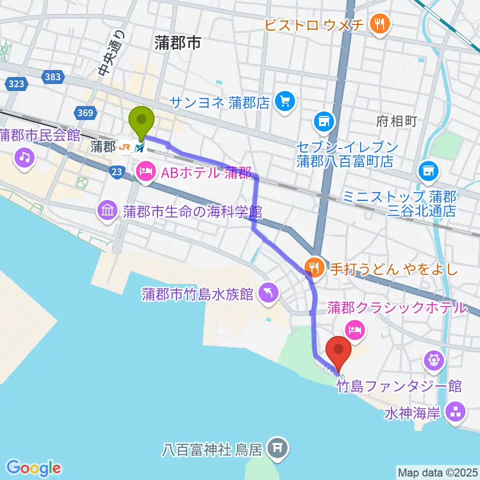 海辺の文学記念館の最寄駅蒲郡駅からの徒歩ルート（約20分）地図