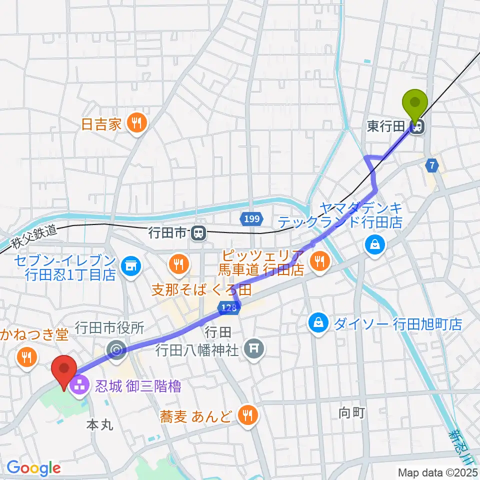 東行田駅から行田市郷土博物館へのルートマップ地図