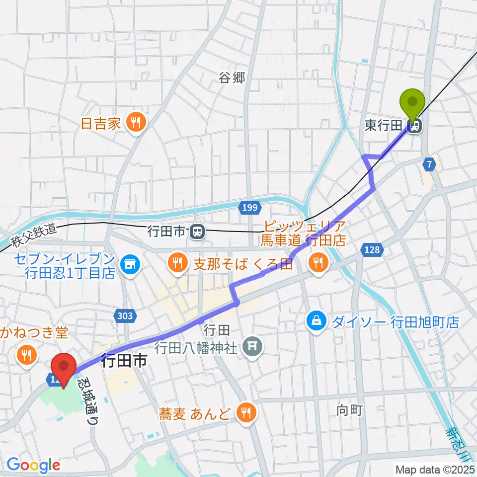 東行田駅から行田市郷土博物館へのルートマップ地図