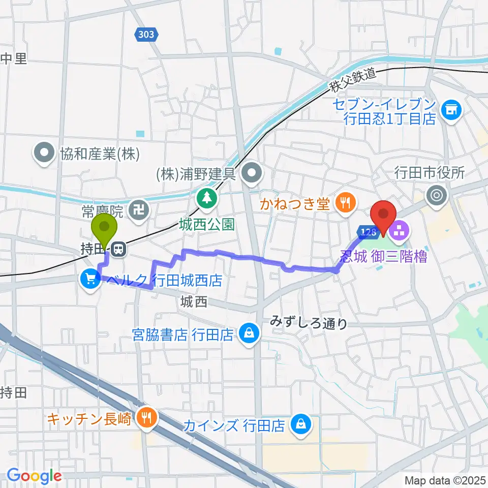 持田駅から行田市郷土博物館へのルートマップ地図