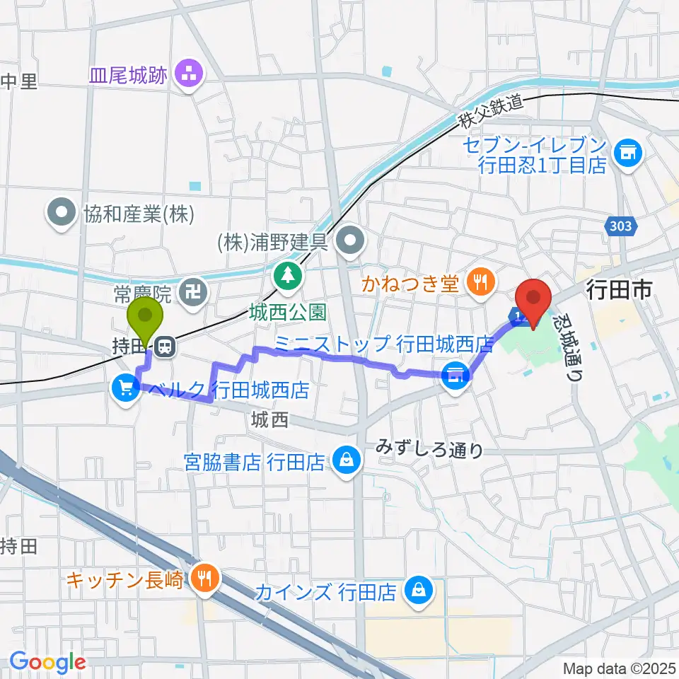 持田駅から行田市郷土博物館へのルートマップ地図
