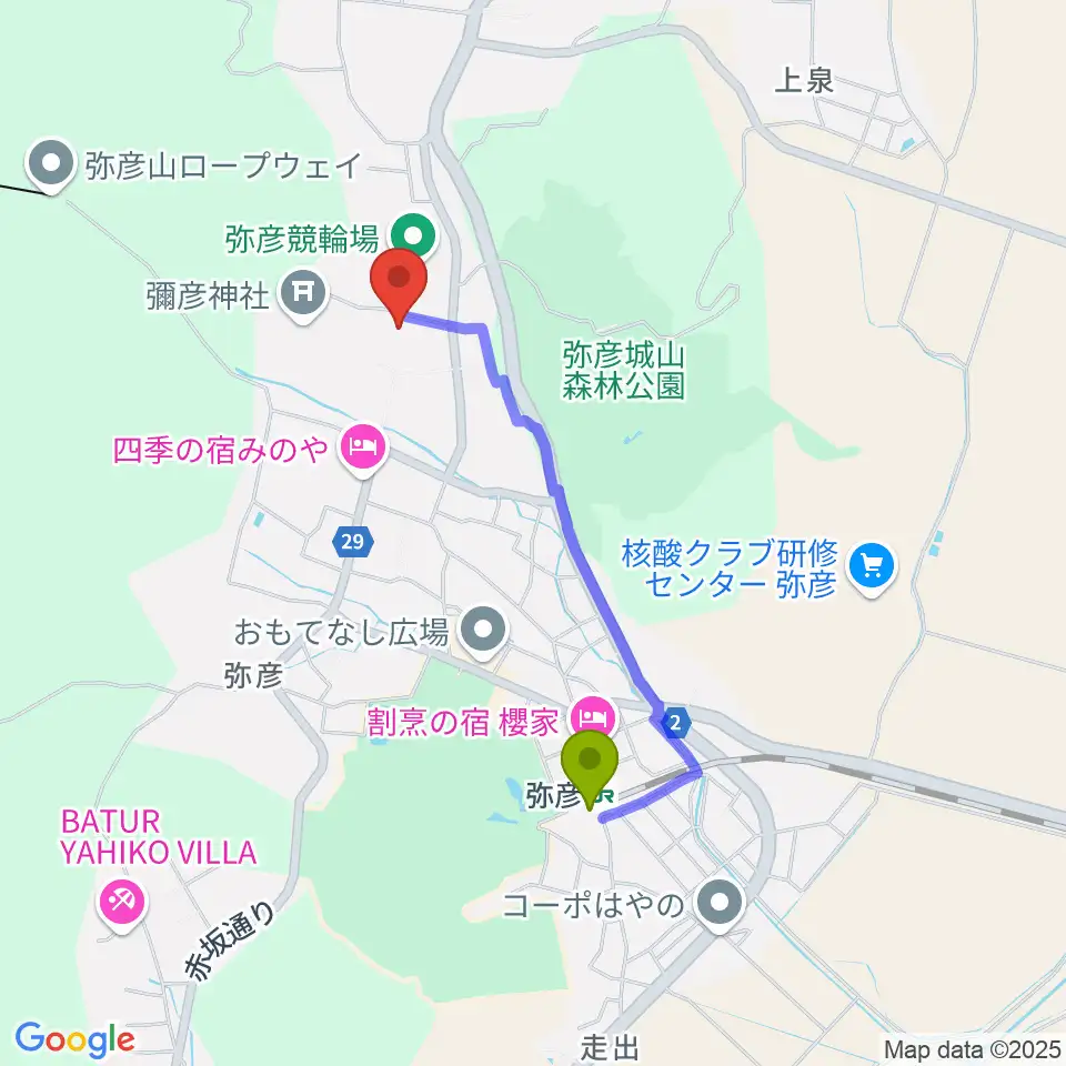 彌彦神社宝物殿の最寄駅弥彦駅からの徒歩ルート（約15分）地図