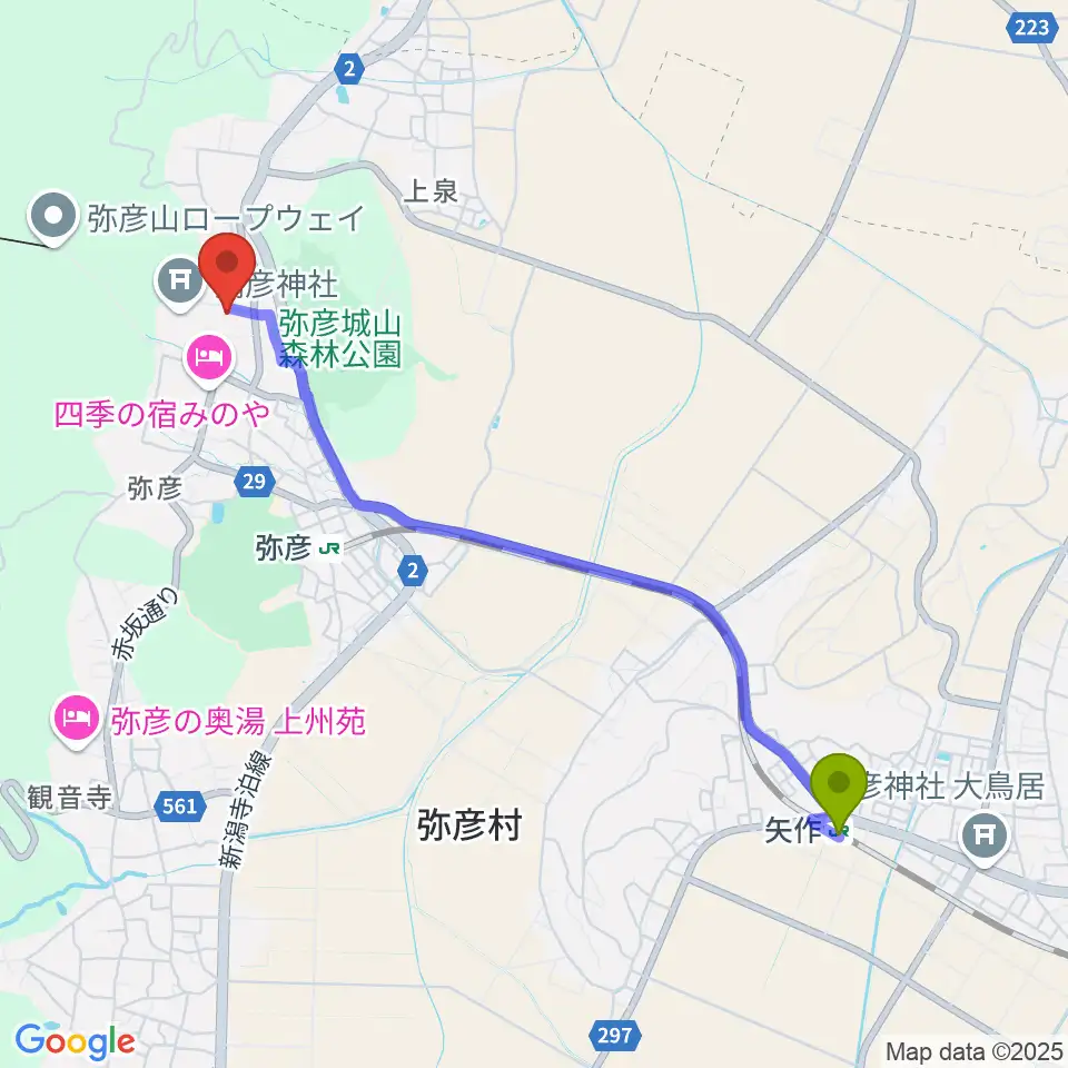 矢作駅から彌彦神社宝物殿へのルートマップ地図