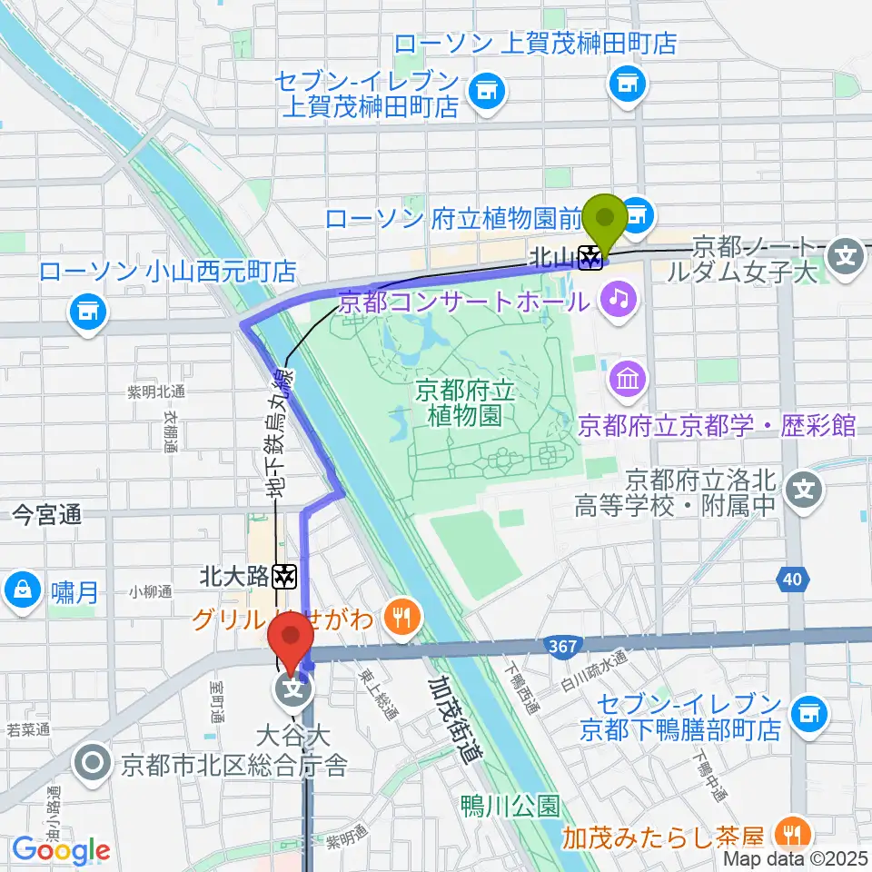 北山駅から大谷大学博物館へのルートマップ地図