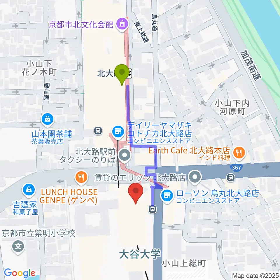 大谷大学博物館の最寄駅北大路駅からの徒歩ルート（約3分）地図