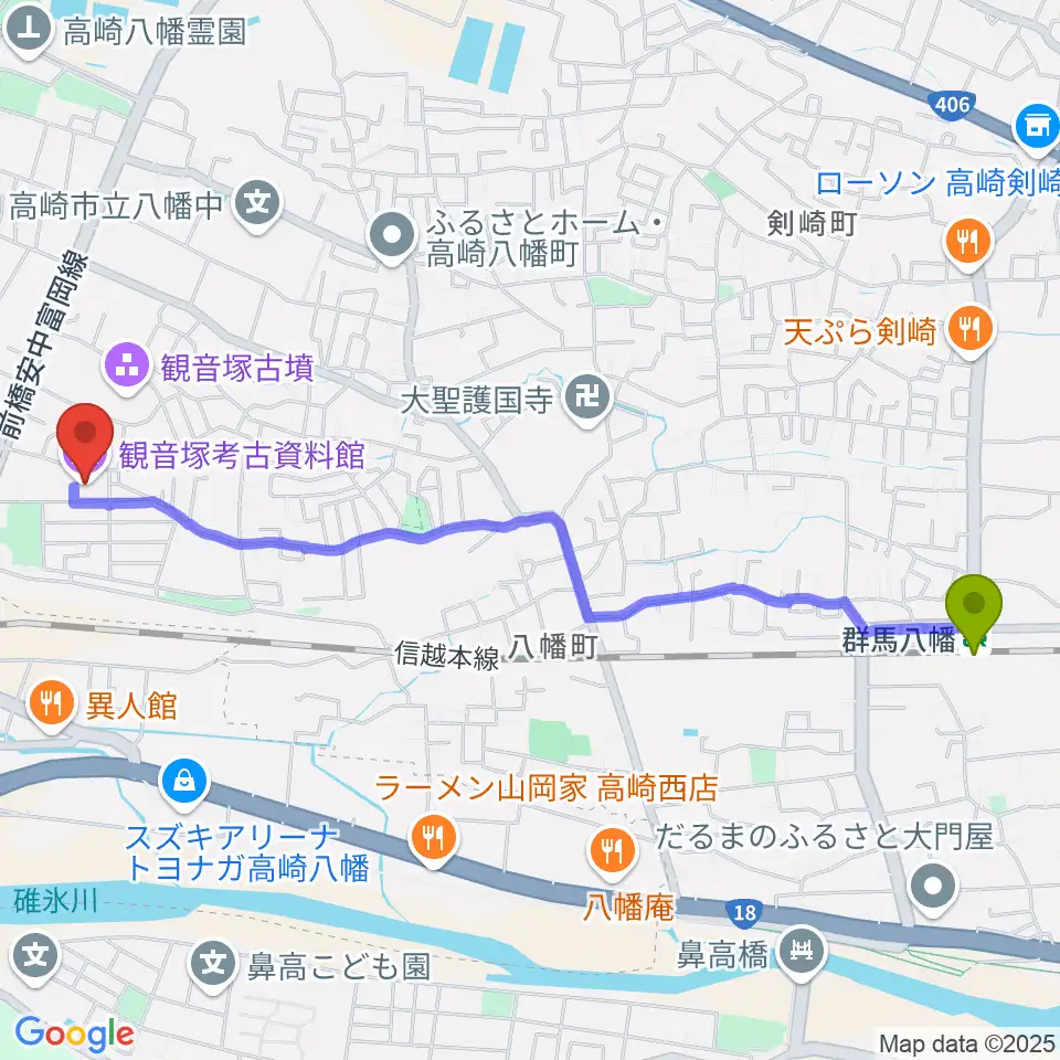 高崎市観音塚考古資料館の最寄駅群馬八幡駅からの徒歩ルート（約26分）地図