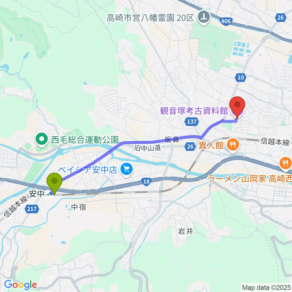 安中駅から高崎市観音塚考古資料館へのルートマップ地図