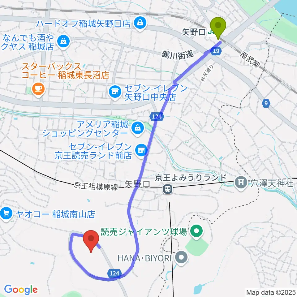 矢野口駅からジャイアンツタウンスタジアムへのルートマップ地図